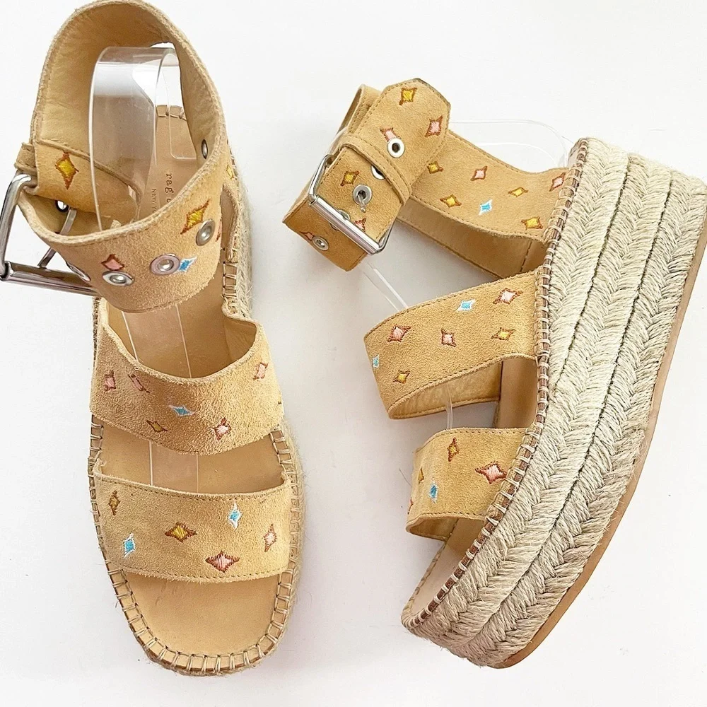 Rag & Bone 8.5 Tara Embroidered suede espadrille platform buckle southwestern
